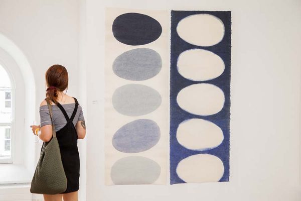 Diptych by Kate MacDonagh. 2018 Cairde Visual winner. Water based woodblock and painting, 182cm x 132cm. Photo © Colin Gillen/framelight.ie