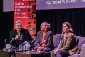 (l to r) Writer and actor Damian Callinan, producer Anne Robinson and SFS Chair Edel Doherty at the panel discussion at the Dublin International Film Festival in The Model Sligo this year. (pic by James Connolly)