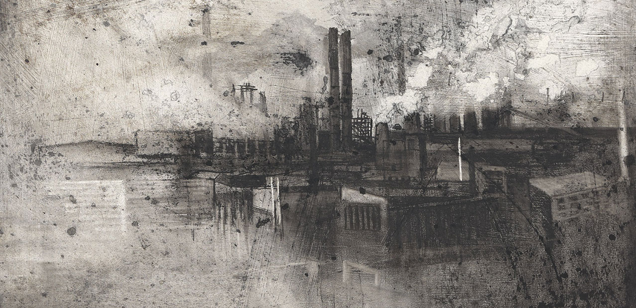 Factory Skyline, 2019, charcoal and wash on distressed fabriano paper, 50x35cm.